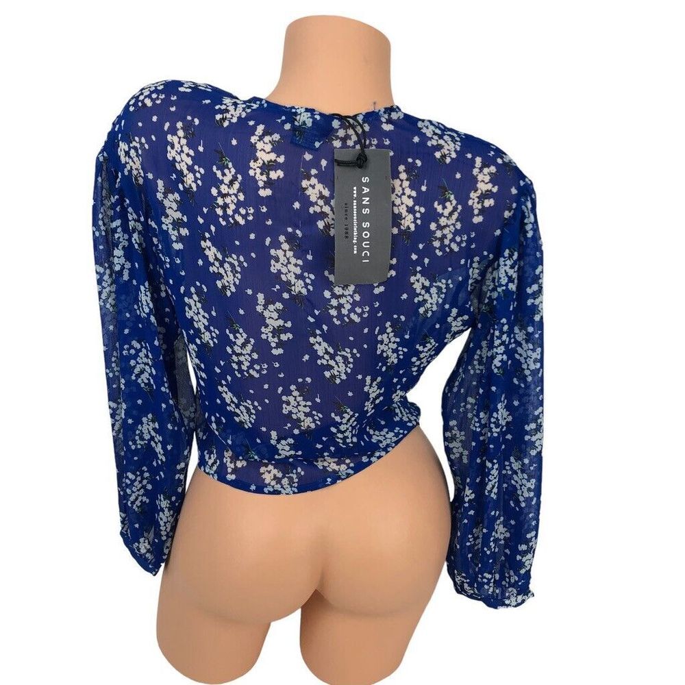NWT Sans Souci Wrap Top Size S Sheer Floral Print Blouse V-Neck Boho Beachy Blue - Picture 5 of 7